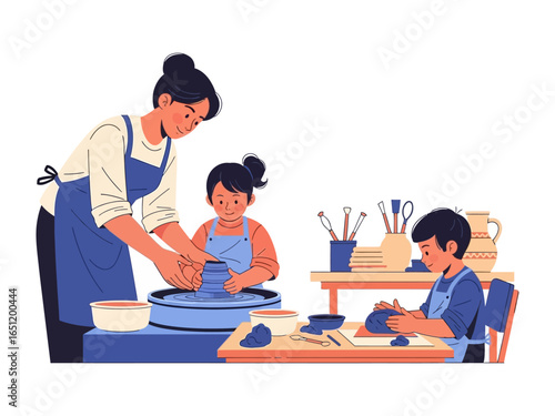 Artisans at Work: A heartwarming illustration showcases a pottery workshop, where a skilled craftsperson teaches the art of shaping clay to enthusiastic young students.