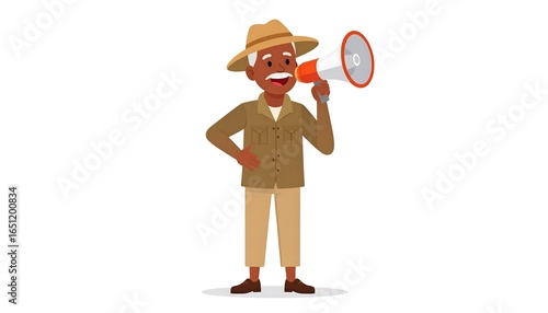 Senior man announces with megaphone.