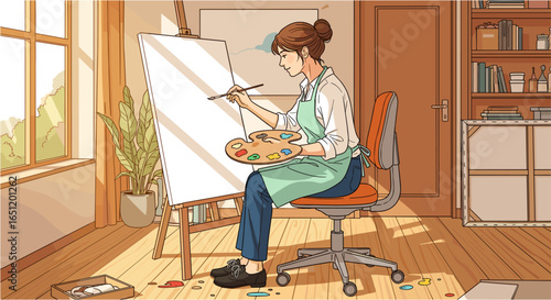 Young woman painting with easel and palette in art studio