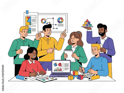Ideas in Sync: A creative team huddles around a table, their diverse faces reflecting a shared enthusiasm as they develop innovative concepts and solutions.