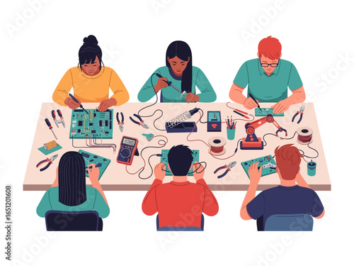 Digital Circuitry Workshop: A collaborative group of engineers engrossed in a circuit board workshop, meticulously assembling digital components.