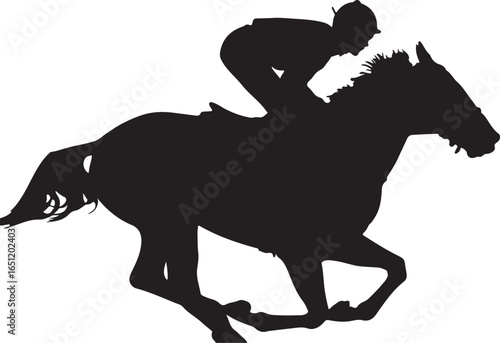 Black silhouette of a jockey riding a galloping horse racing equestrian