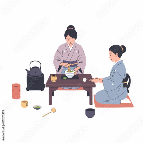 Two Japanese women in traditional kimonos performing a serene matcha tea ceremony.