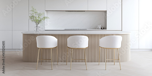 Three white chairs are lined up at a modern kitchen island with minimalist decor. Contemporary elegance, minimalist design, bright interiors