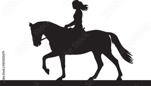 Black silhouette of a woman riding a horse in motion black and white