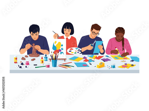 Creative Minds in Action: A diverse group of individuals engrossed in a lively craft session, showcasing their artistic flair with painting, sculpture, and papercraft projects