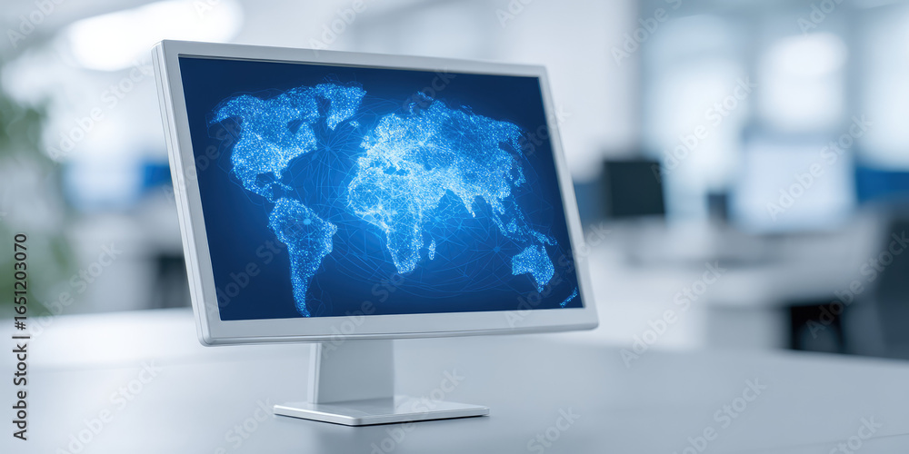 A computer monitor displays a digital map of the world on a desk. Technology, global connectivity A computer monitor displays a digital map of the world on a desk. Technology, global connectivity