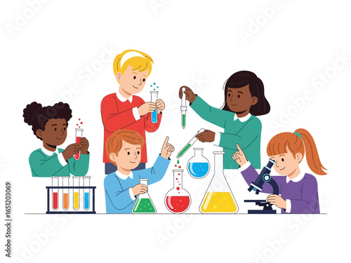 Children exploring in science lab : A group of diverse, inquisitive children engage in exciting science experiments in a colorful, lively laboratory setting.