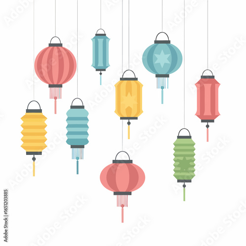 Colorful collection of hanging Asian paper lanterns in various shapes flat vector style.