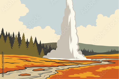 Geysers erupting in Yellowstone National Park, steam rising into crisp air