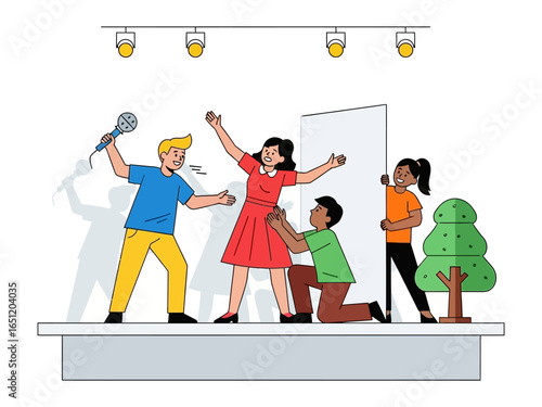 Theater Scene: An illustrated theater scene captures actors in lively performance with props and a minimalistic stage design, enhanced by dramatic lighting.