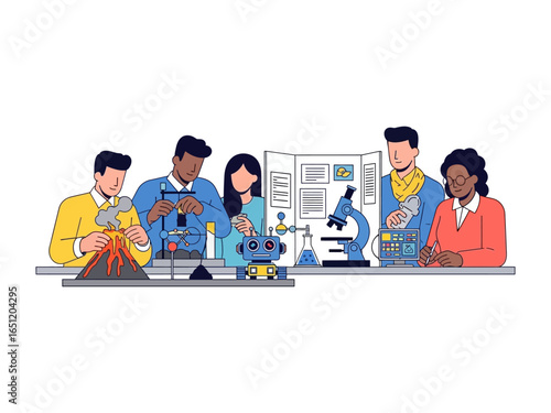 Young Scientists: A captivating illustration depicts a diverse group of youthful scientists engrossed in exciting experiments within a laboratory setting.