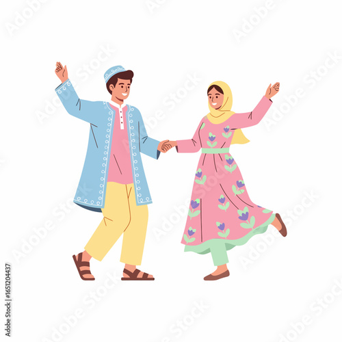Happy Muslim couple in colorful traditional clothing dancing and holding hands.