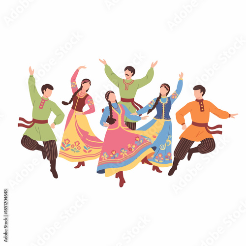 Group of Dancers in Traditional Folk Costumes Performing.