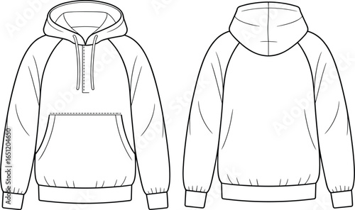 Front and back view hooded sweatshirt CAD drawing flat vector illustration, partial zipper, drawstring hood, kangaroo pocket, casual pullover template, fashion garment design