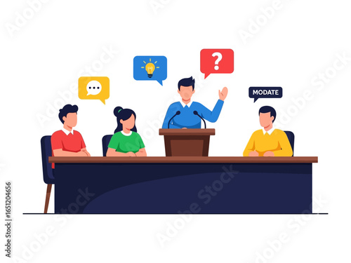 Debate Dynamics: A colorful illustration depicting a formal debate scene. A speaker addresses the audience, fostering critical thinking and the exchange of ideas.