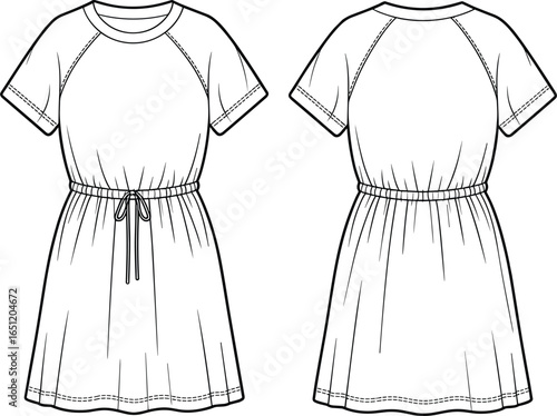 Front and back view raglan sleeve dress CAD drawing flat vector illustration, round neckline, elastic waistband, drawstring tie, gathered flared skirt, fashion garment template