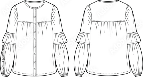 Front and back view blouse CAD drawing flat vector illustration, round neck, button front, gathered puff sleeves, yoke detail, curved hem, fashion garment template