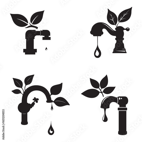 Minimalist Black and White Water Faucet Vector Set with Leaves, Stylized Tap Illustrations Symbolizing Sustainability, Clean Water and Environmental Awareness