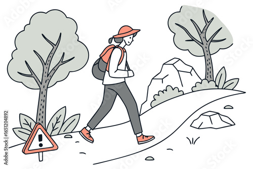 Hiker ignoring trail safety signs, modern flat illustration style