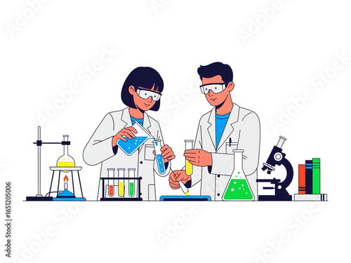 Scientific Experiment: Two scientists in a laboratory, engaged in conducting a scientific experiment, surrounded by lab equipment, illustrating the scientific method and discovery.