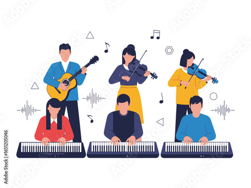 Orchestral Harmony: A vibrant depiction of musicians in perfect harmony, each engrossed in their instrument—from violins and guitars to keyboards—creating a symphony of artistic expression.