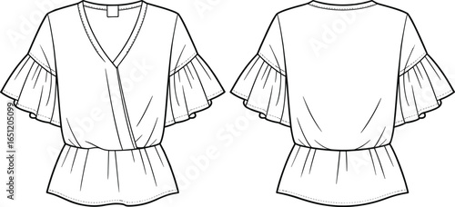 Front and back technical flat vector illustration of women’s short sleeve ruffle blouse with wrap V‑neckline, gathered waist, plain back, garment construction fashion design