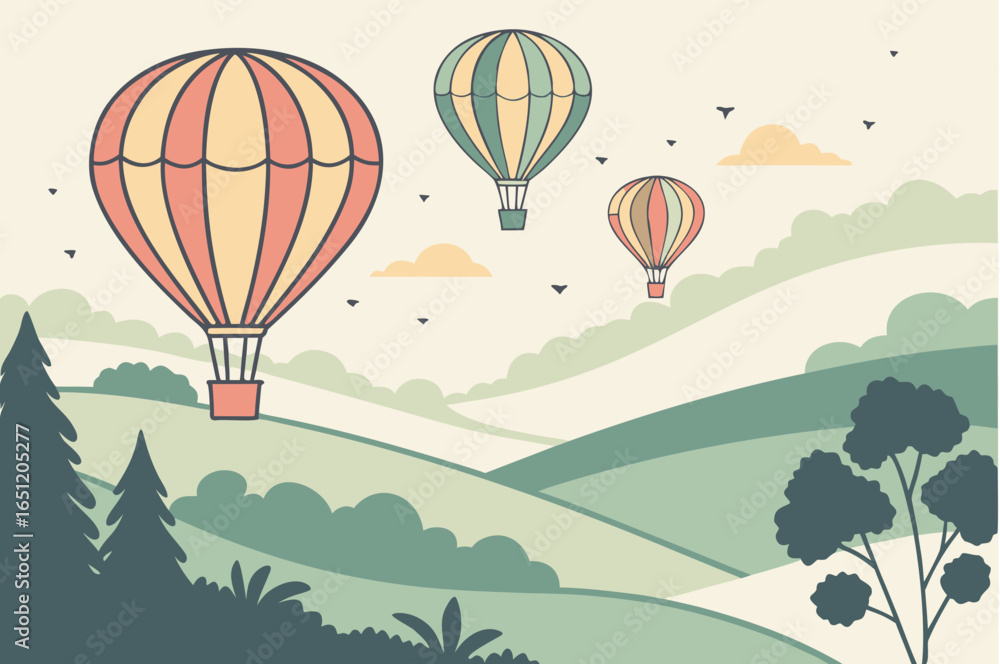 Obraz premium Hot air balloons drift over a misty valley at dawn, blending travel and whimsical scenery, modern flat illustration style.