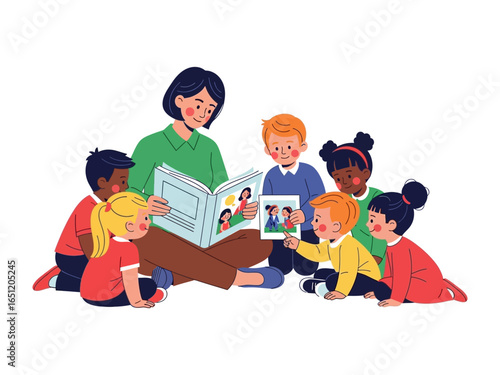 Storytime Gathering: A teacher captivates a group of attentive children with an enchanting storybook, fostering a shared moment of imagination and learning in a colorful scene.
