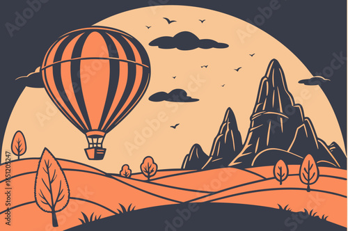 Hot air balloon ride over Cappadocia at sunrise, modern flat illustration style
