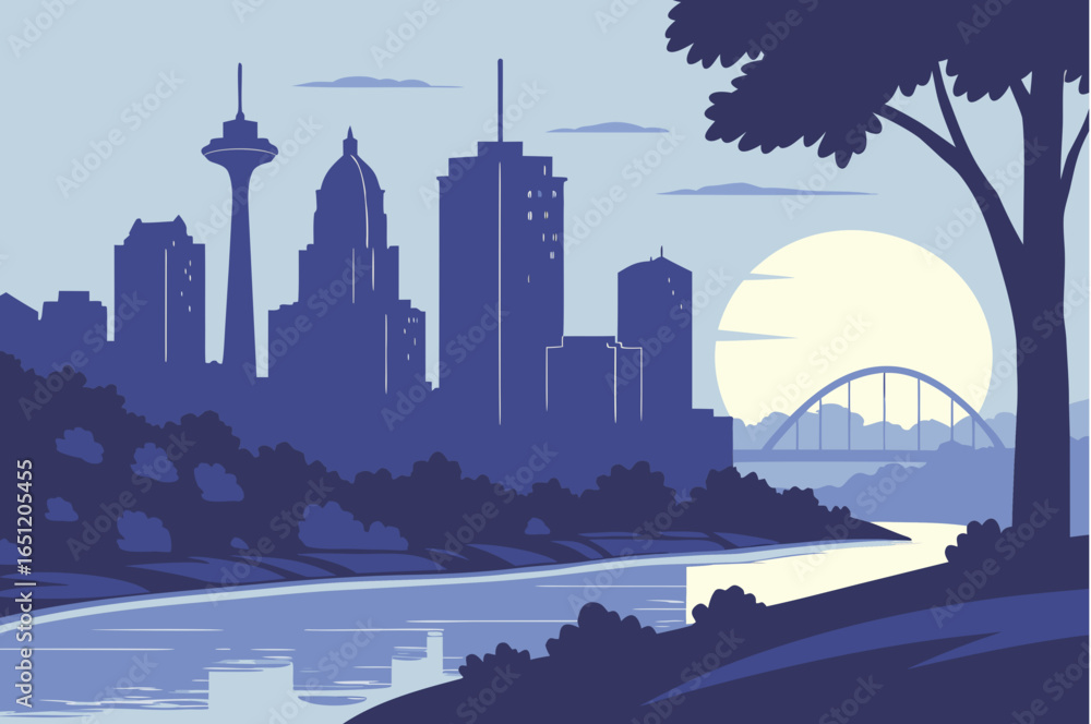 Obraz premium Kansas City skyline at twilight with the Missouri River still and reflective, framed by hills and evening sky gradients, modern flat illustration style.