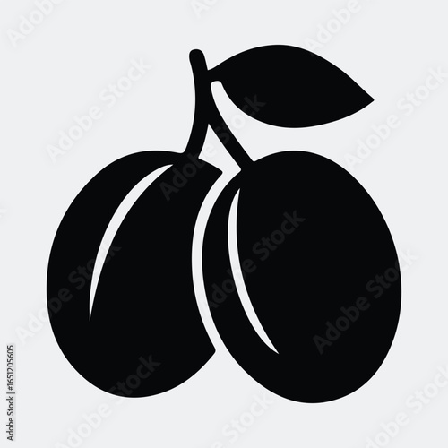 Silhouette plums two fruits single leaf simple black vector illustration