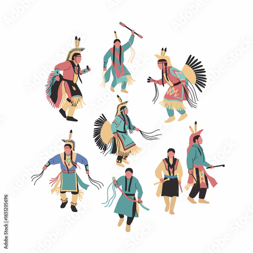 Stylized illustration of Native American men performing a traditional dance in colorful regalia and feathered headdresses.