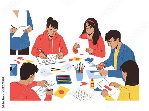 Creative Session: Capturing the energy of a creative workshop, with hands-on activities like drawing, painting, and crafting, fostering imagination and teamwork