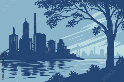 Detroit skyline at twilight with the Detroit River still and reflective, framed by industrial silhouettes and evening sky gradients, modern flat illustration style.