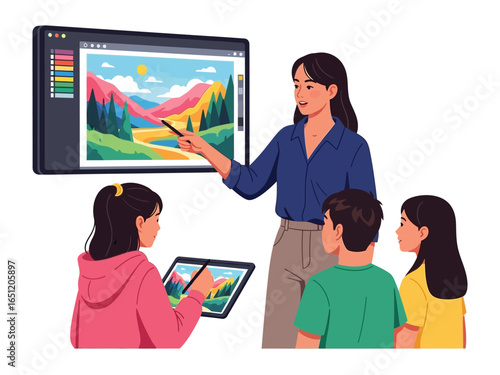 Digital Art Class: An illustrated scene of an art class with a teacher guiding students on digital painting techniques using tablets and a large display.