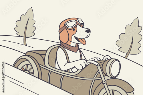 Dog wearing goggles riding in sidecar of motorbike, joyful and humorous ad vibe