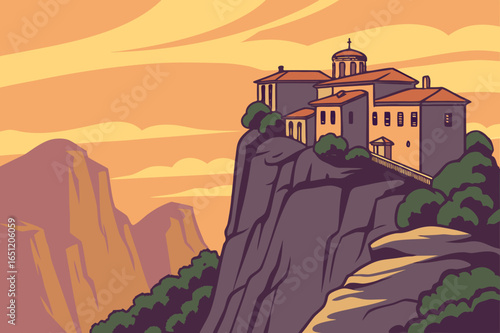 Dramatic cliffside monasteries of Meteora, Greece, glowing in sunset light
