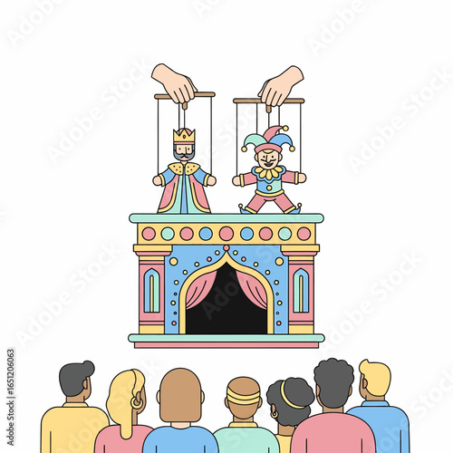 Colorful Puppet Show with King and Jester Marionettes Entertaining an Audience.