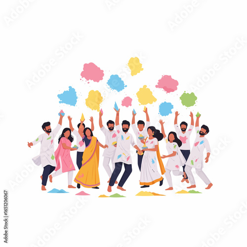 Happy Indian People Celebrating Holi Festival with Vibrant Powder Splashes.