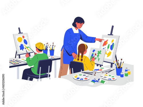 Art Class in Session: Witness a warm classroom scene where a dedicated instructor guides young students, bringing color and creativity to life on their canvases.