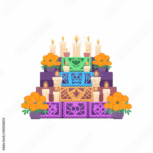Tiered Day of the Dead altar with colorful papel picado lit candles and marigold flowers.