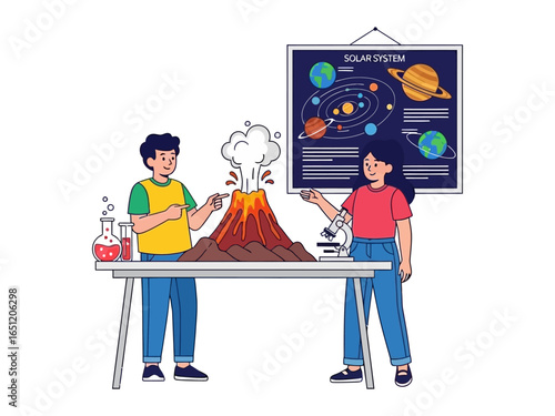 Scientific Discovery: Students explore a miniature volcanic eruption and examine the solar system in this educational illustration.  