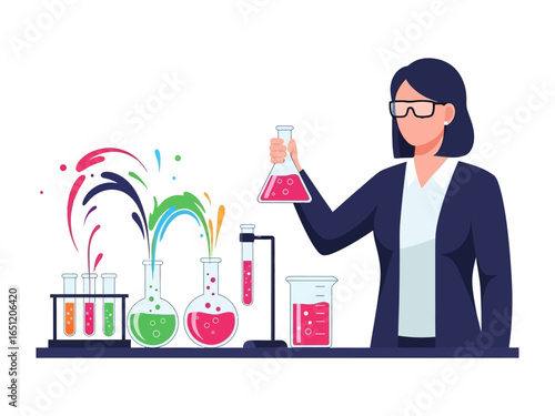 Scientist in the Lab: A focused female scientist in glasses, is conducting an experiment in a laboratory filled with colorful chemistry equipment and bubbling liquids. 