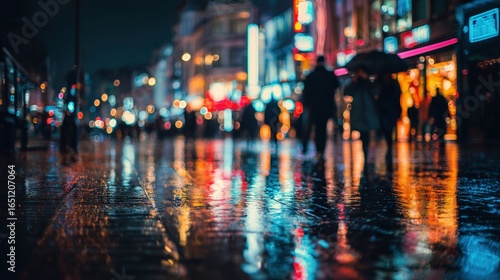 Wallpaper Mural Colorful reflections of neon city lights on wet street at night with silhouettes of people under umbrellas in vibrant urban scene Torontodigital.ca