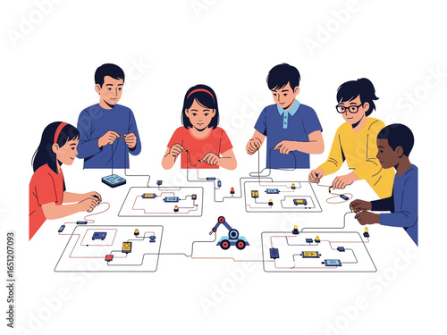 Tech-Savvy Youngsters in a Creative Workshop: A diverse group of enthusiastic children, engaged in a collaborative tech project, learning the fundamentals of circuits and robotics with bright.