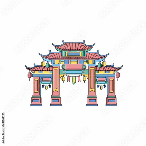 Colorful Traditional Chinese Paifang Archway with Tiered Roofs and Lanterns Line Art Illustration.