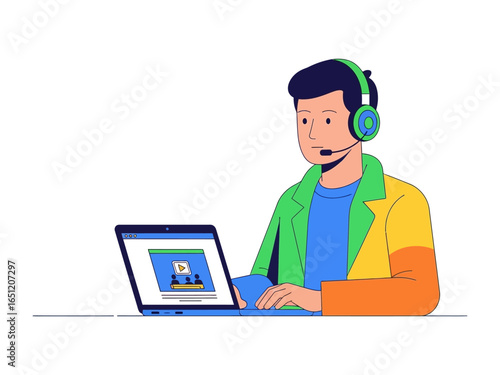 Online Support: A tech-savvy individual with headset interfaces with clients through a laptop, in a clean, minimalist graphic style, demonstrating modern, tech-driven assistance.