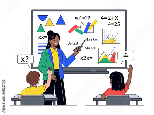 Mathematics Lesson: An educator guides students through complex equations and shapes, fostering intellectual curiosity and collaborative learning.