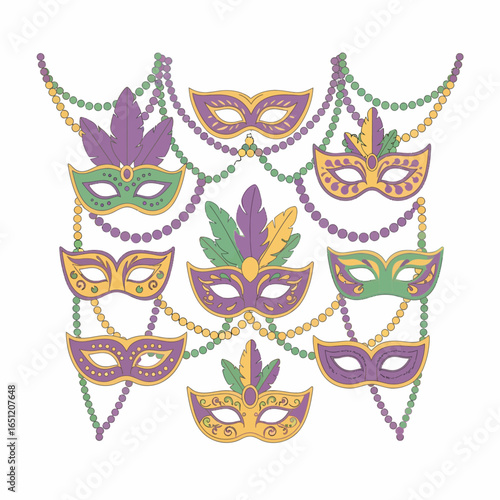 Vibrant collection of feathered Mardi Gras masks and beaded necklaces in purple green and gold.
